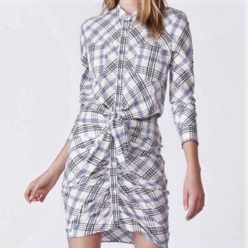Veronica Beard Della Plaid Front Tie Ruched Shirtdress Blue White Size 2